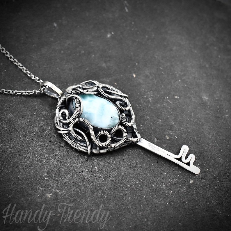 Larimar key pendant, 925 sterling silver wire wrapped necklace, Unique handmade gift, One of a kind artisan jewelry, Statement piece