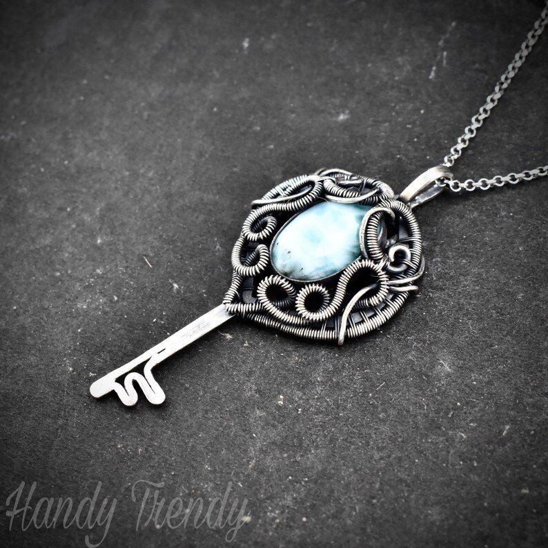 Larimar key pendant, 925 sterling silver wire wrapped necklace, Unique handmade gift, One of a kind artisan jewelry, Statement piece
