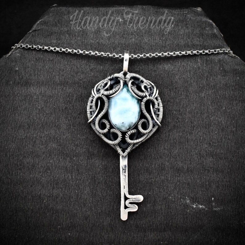 Larimar key pendant, 925 sterling silver wire wrapped necklace, Unique handmade gift, One of a kind artisan jewelry, Statement piece