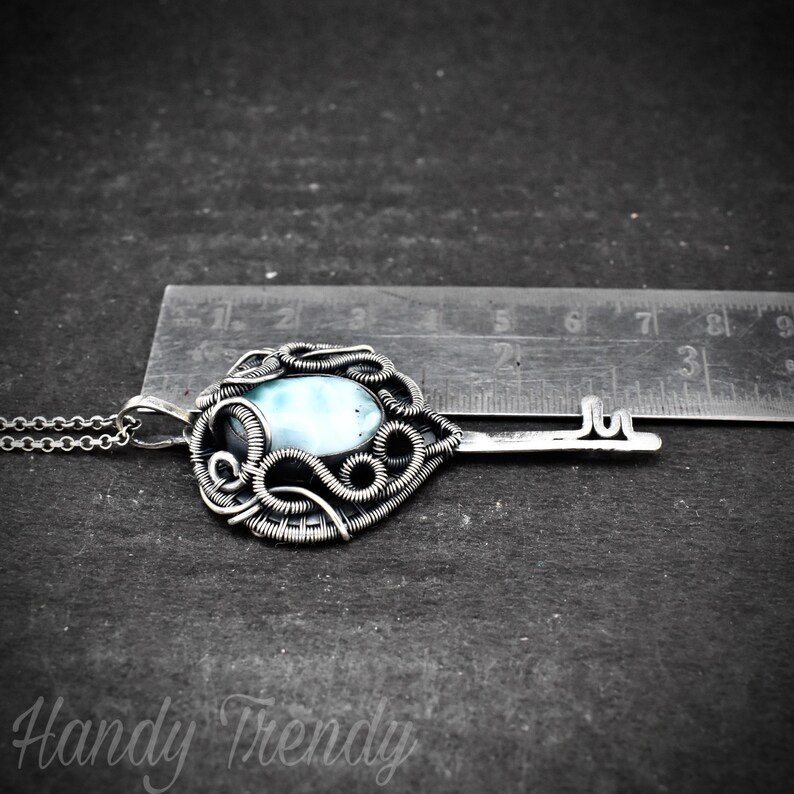 Larimar key pendant, 925 sterling silver wire wrapped necklace, Unique handmade gift, One of a kind artisan jewelry, Statement piece