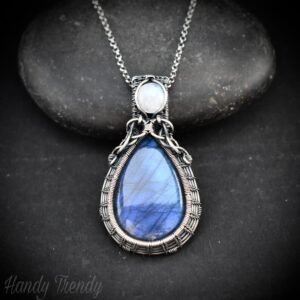 Blue labradorite and rainbow moonstone pendant, 925 sterling silver wire wrapped jewelry, Unique handmade gift, Artisan necklace