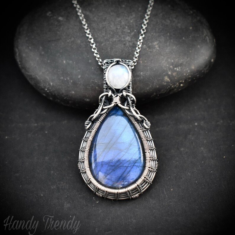 Blue labradorite and rainbow moonstone pendant, 925 sterling silver wire wrapped jewelry, Unique handmade gift, Artisan necklace