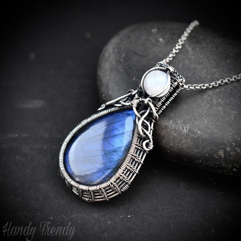 Blue labradorite and rainbow moonstone pendant, 925 sterling silver wire wrapped jewelry, Unique handmade gift, Artisan necklace