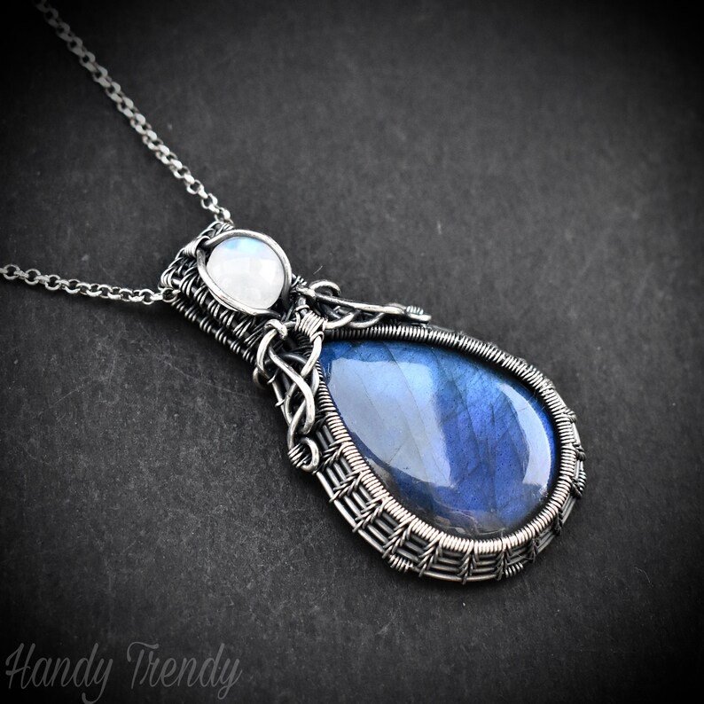 Blue labradorite and rainbow moonstone pendant, 925 sterling silver wire wrapped jewelry, Unique handmade gift, Artisan necklace