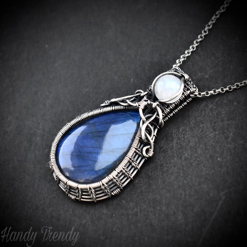 Blue labradorite and rainbow moonstone pendant, 925 sterling silver wire wrapped jewelry, Unique handmade gift, Artisan necklace
