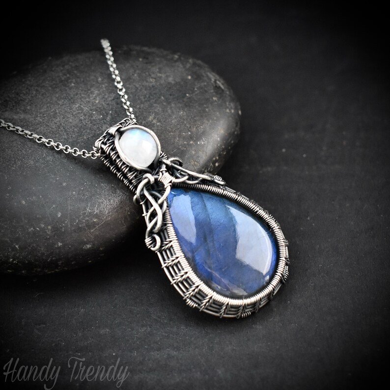 Blue labradorite and rainbow moonstone pendant, 925 sterling silver wire wrapped jewelry, Unique handmade gift, Artisan necklace