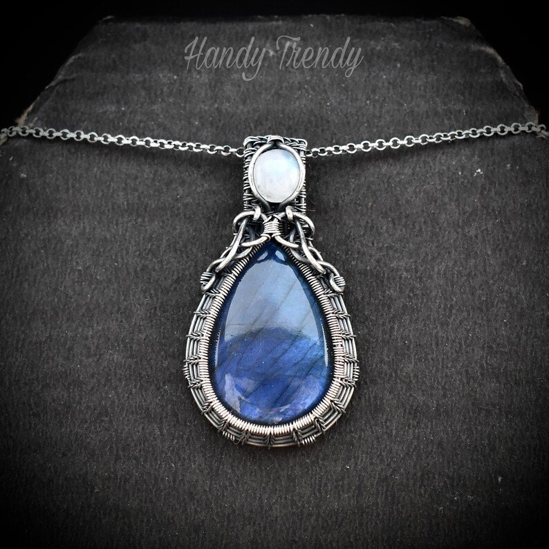Blue labradorite and rainbow moonstone pendant, 925 sterling silver wire wrapped jewelry, Unique handmade gift, Artisan necklace