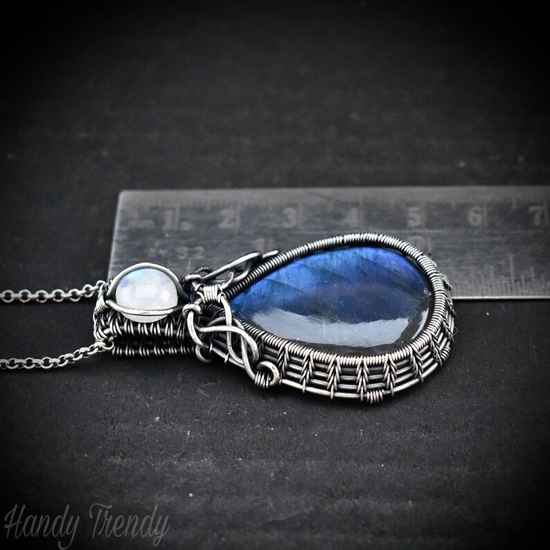 Blue labradorite and rainbow moonstone pendant, 925 sterling silver wire wrapped jewelry, Unique handmade gift, Artisan necklace