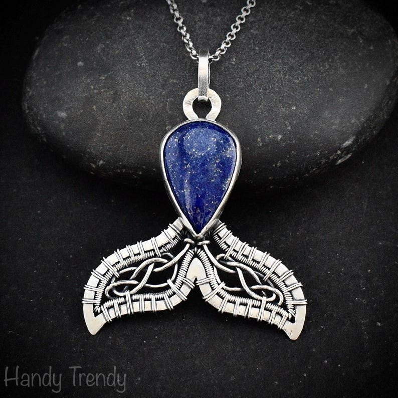 Mermaid tail pendant, Blue lapis lazuli necklace, 925 sterling silver jewelry, Unique handmade gift, Sea animal, One of a kind piece