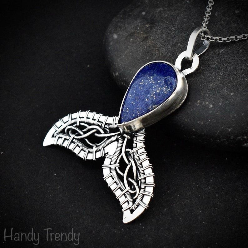 Mermaid tail pendant, Blue lapis lazuli necklace, 925 sterling silver jewelry, Unique handmade gift, Sea animal, One of a kind piece