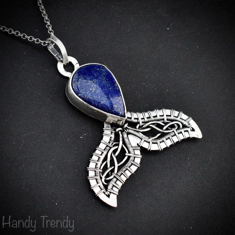Mermaid tail pendant, Blue lapis lazuli necklace, 925 sterling silver jewelry, Unique handmade gift, Sea animal, One of a kind piece