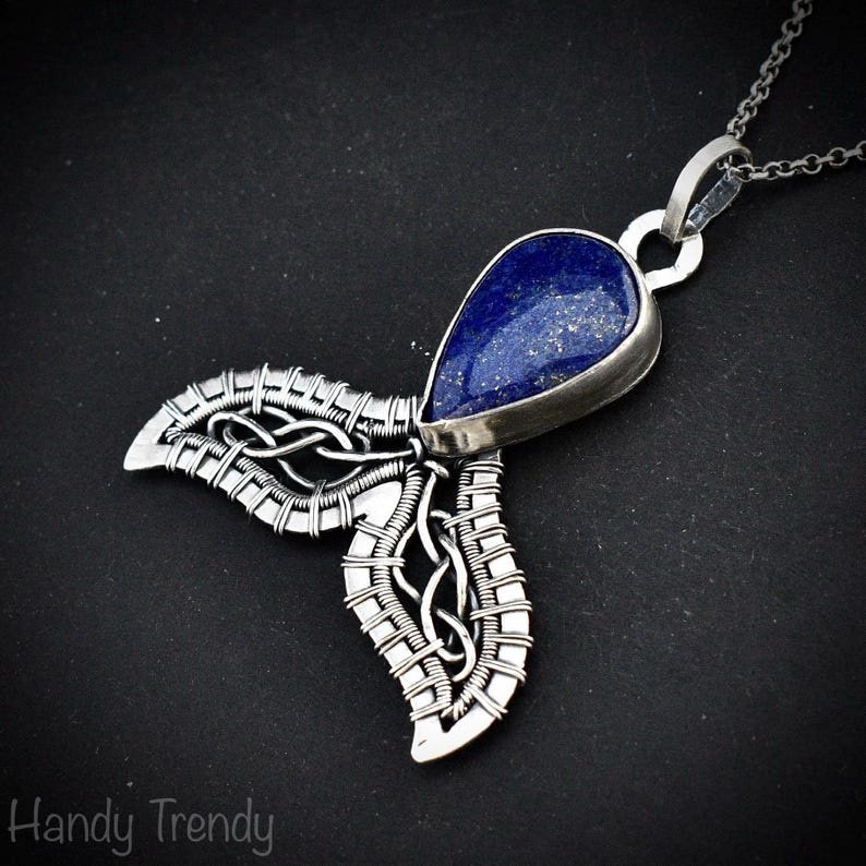 Mermaid tail pendant, Blue lapis lazuli necklace, 925 sterling silver jewelry, Unique handmade gift, Sea animal, One of a kind piece