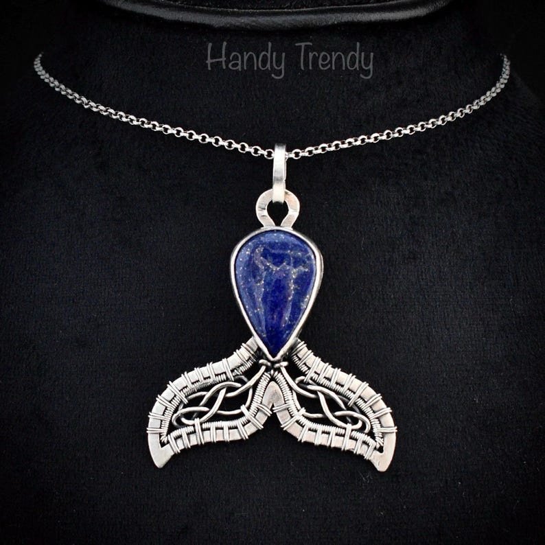 Mermaid tail pendant, Blue lapis lazuli necklace, 925 sterling silver jewelry, Unique handmade gift, Sea animal, One of a kind piece