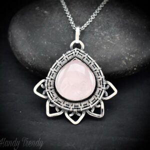 Wire Wrapped Rose Quartz Lotus Pendant, 925 Sterling Silver wire wrap necklace, One of a kind artisan necklace