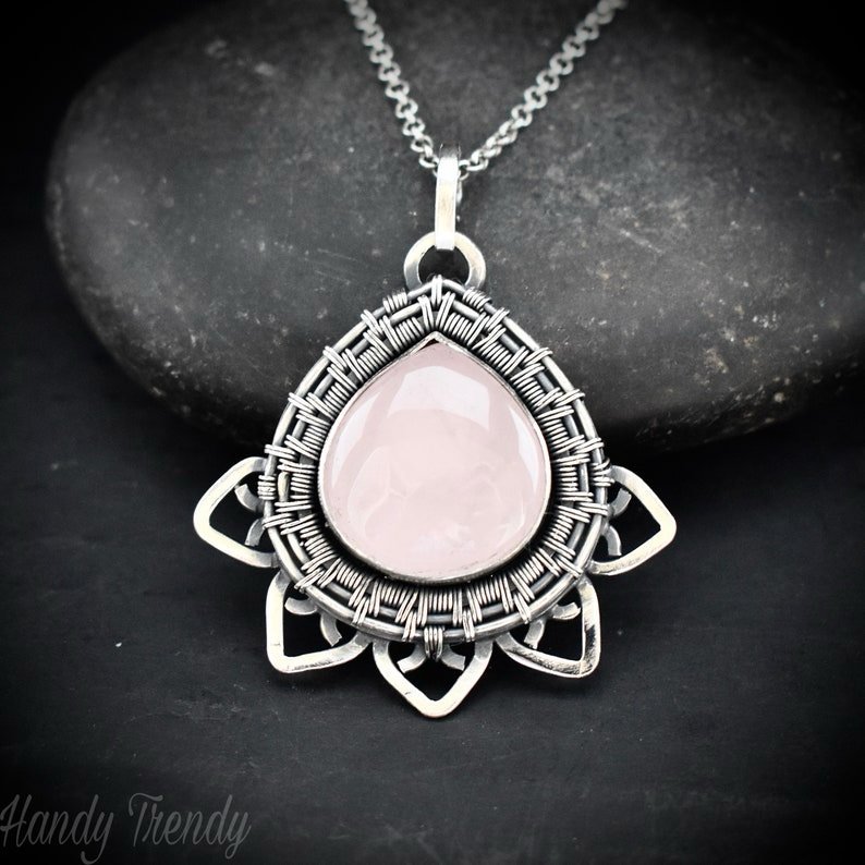 Wire Wrapped Rose Quartz Lotus Pendant, 925 Sterling Silver wire wrap necklace, One of a kind artisan necklace