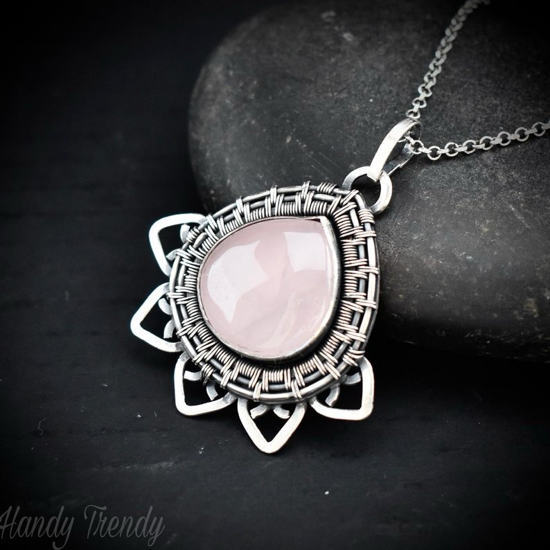 Wire Wrapped Rose Quartz Lotus Pendant, 925 Sterling Silver wire wrap necklace, One of a kind artisan necklace