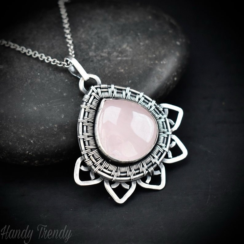Wire Wrapped Rose Quartz Lotus Pendant, 925 Sterling Silver wire wrap necklace, One of a kind artisan necklace