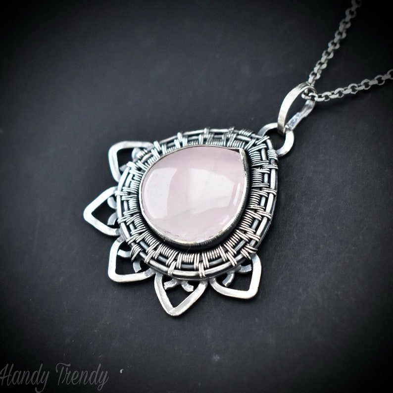 Wire Wrapped Rose Quartz Lotus Pendant, 925 Sterling Silver wire wrap necklace, One of a kind artisan necklace