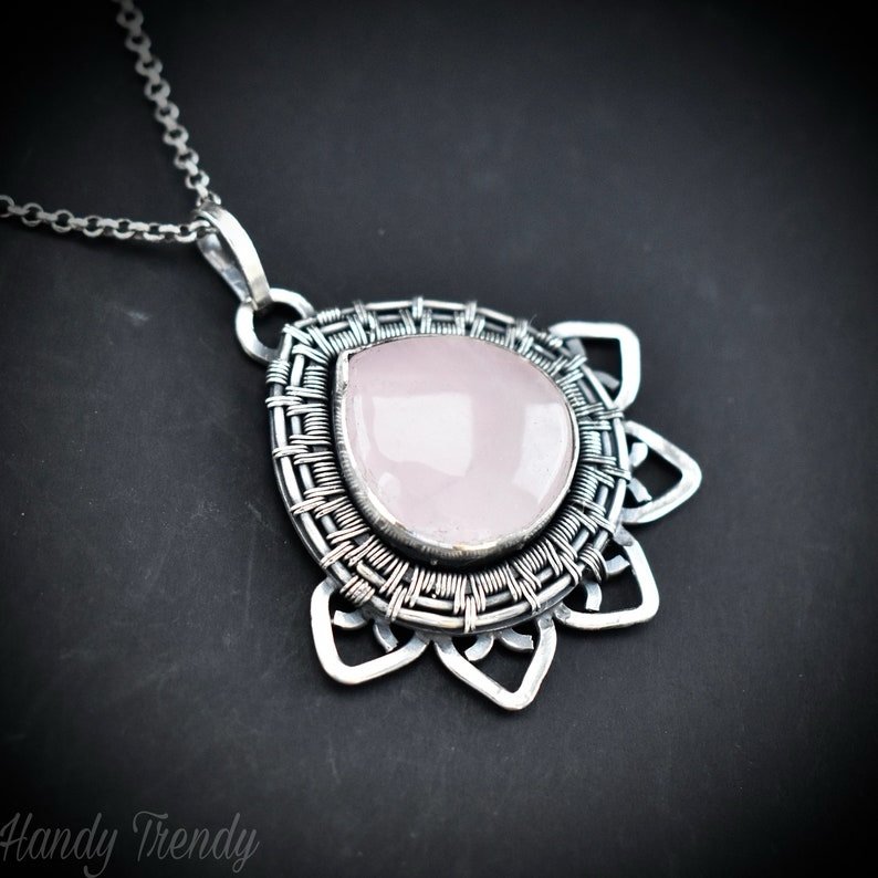 Wire Wrapped Rose Quartz Lotus Pendant, 925 Sterling Silver wire wrap necklace, One of a kind artisan necklace