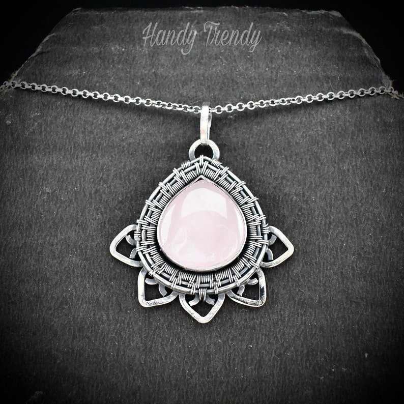 Wire Wrapped Rose Quartz Lotus Pendant, 925 Sterling Silver wire wrap necklace, One of a kind artisan necklace