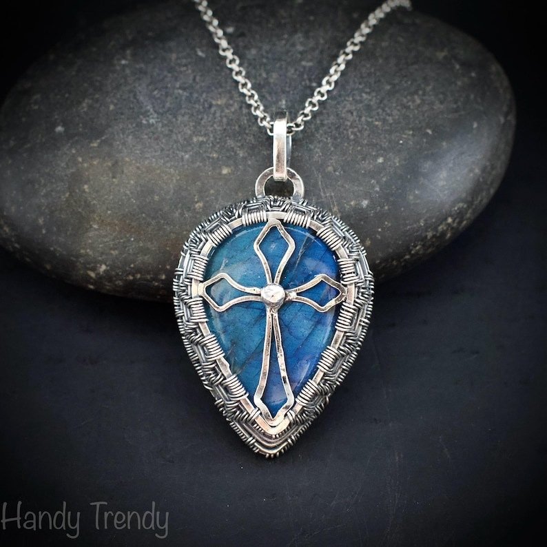 Cross pendant, 925 Sterling silver and Blue flash labradorite wire wrapped necklace, Unique handmade gift, Christian pendant, One of a kind