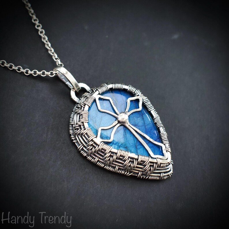Cross pendant, 925 Sterling silver and Blue flash labradorite wire wrapped necklace, Unique handmade gift, Christian pendant, One of a kind