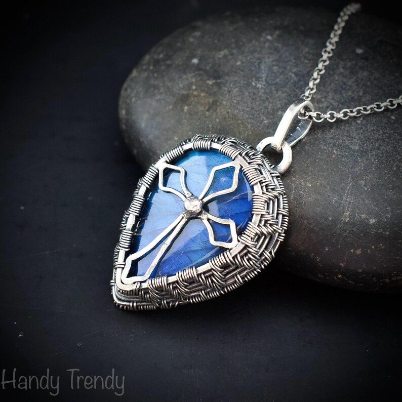 Cross pendant, 925 Sterling silver and Blue flash labradorite wire wrapped necklace, Unique handmade gift, Christian pendant, One of a kind
