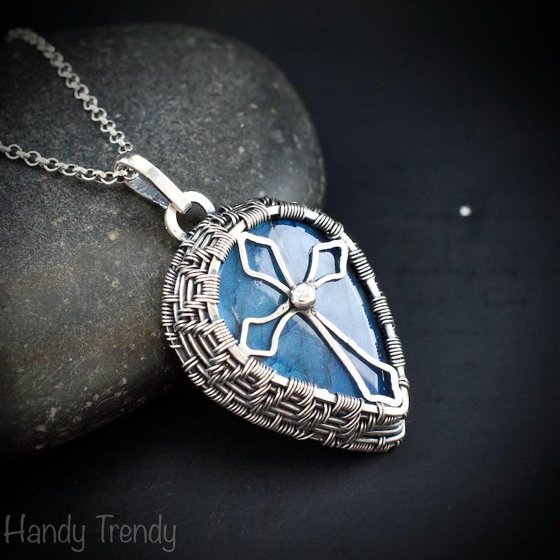 Cross pendant, 925 Sterling silver and Blue flash labradorite wire wrapped necklace, Unique handmade gift, Christian pendant, One of a kind