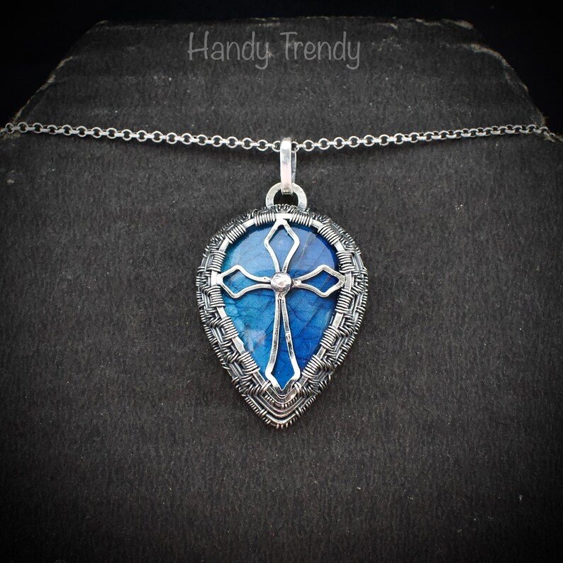 Cross pendant, 925 Sterling silver and Blue flash labradorite wire wrapped necklace, Unique handmade gift, Christian pendant, One of a kind