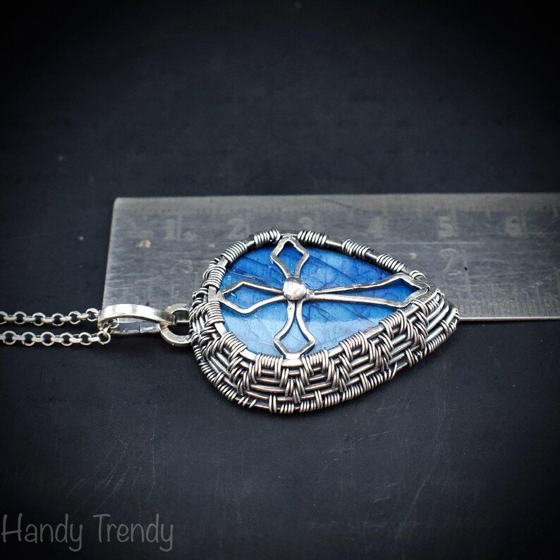 Cross pendant, 925 Sterling silver and Blue flash labradorite wire wrapped necklace, Unique handmade gift, Christian pendant, One of a kind