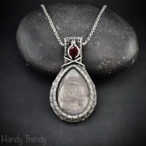Silver Obsidian and Garnet Pendant, 925 sterling silver double stone necklace, One of a kind handmade Jewelry