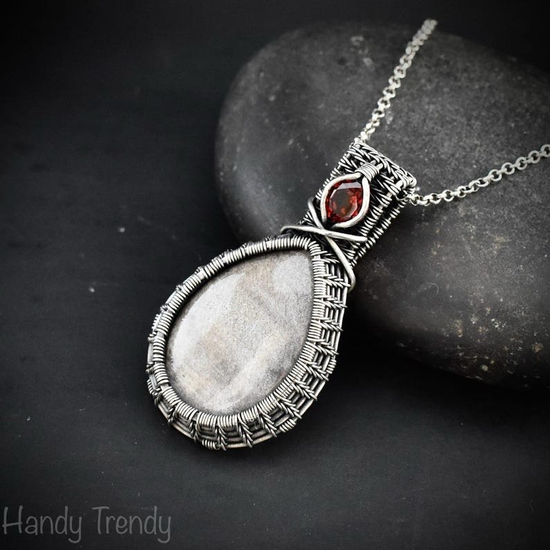 Silver Obsidian and Garnet Pendant, 925 sterling silver double stone necklace, One of a kind handmade Jewelry