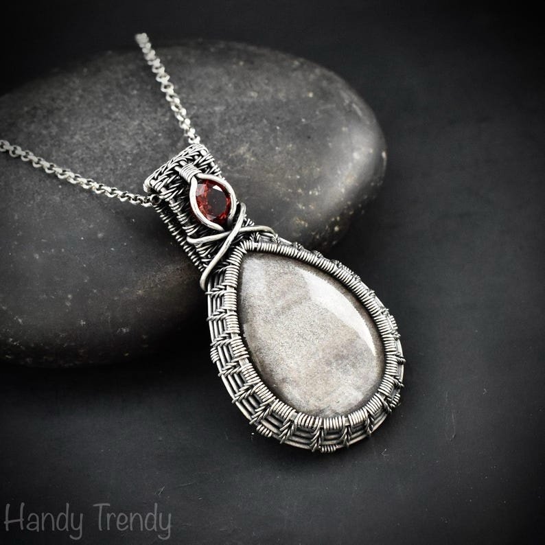 Silver Obsidian and Garnet Pendant, 925 sterling silver double stone necklace, One of a kind handmade Jewelry