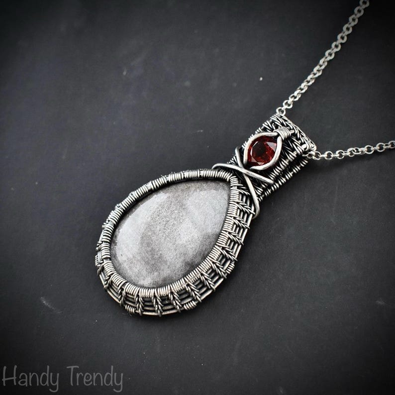 Silver Obsidian and Garnet Pendant, 925 sterling silver double stone necklace, One of a kind handmade Jewelry