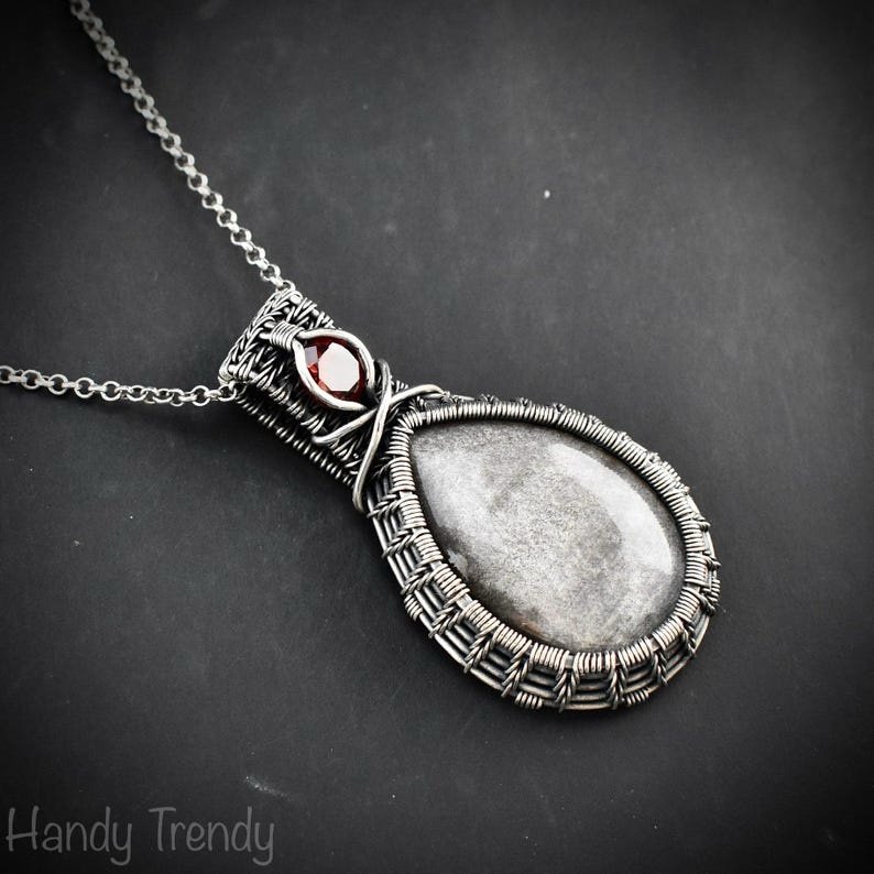Silver Obsidian and Garnet Pendant, 925 sterling silver double stone necklace, One of a kind handmade Jewelry