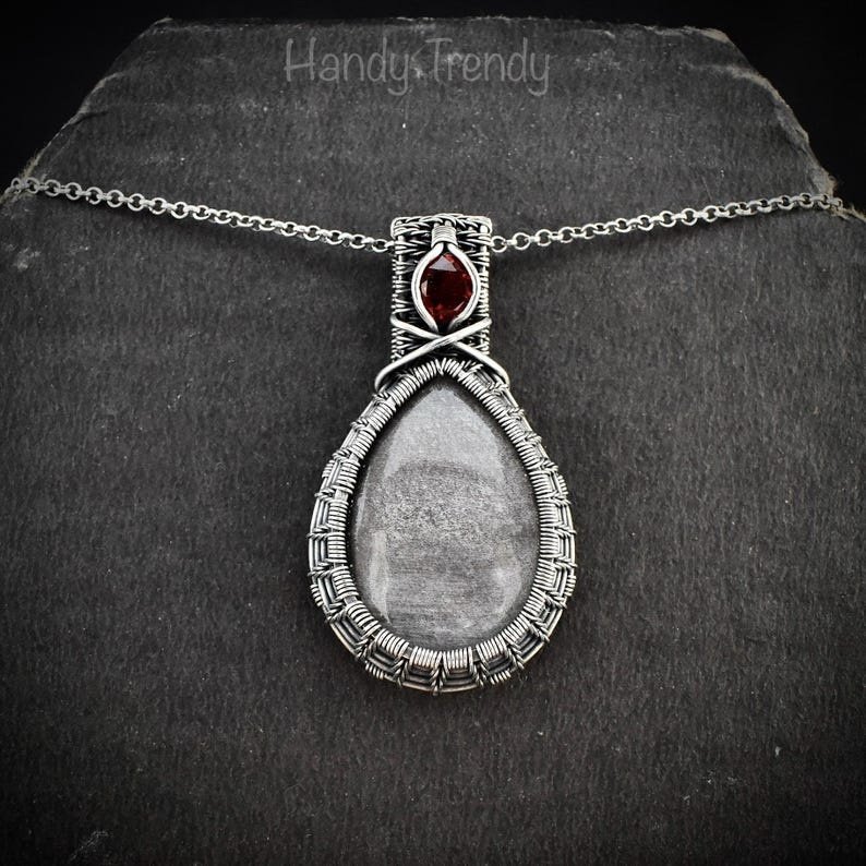 Silver Obsidian and Garnet Pendant, 925 sterling silver double stone necklace, One of a kind handmade Jewelry