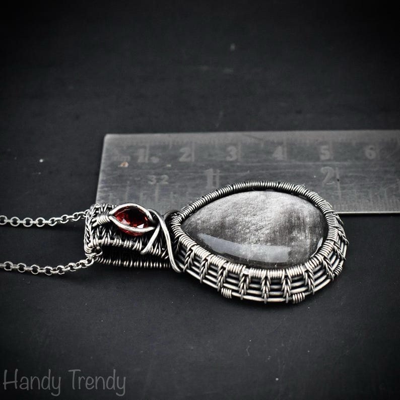 Silver Obsidian and Garnet Pendant, 925 sterling silver double stone necklace, One of a kind handmade Jewelry