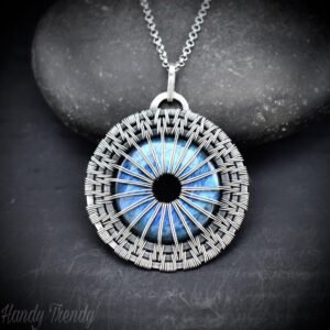 Eye ball pendant, Blue flash labradorite and 925 sterling silver wire wrap donut necklace, One of a kind handmade jewelry