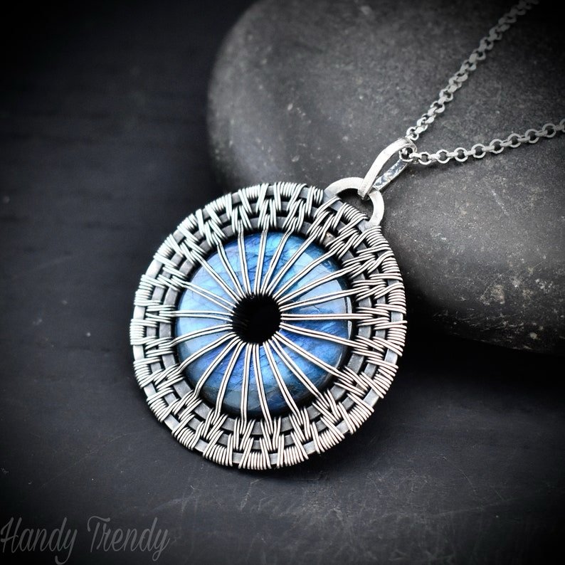 Eye ball pendant, Blue flash labradorite and 925 sterling silver wire wrap donut necklace, One of a kind handmade jewelry