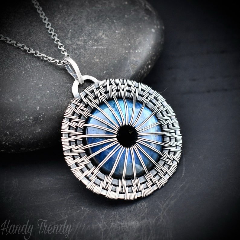 Eye ball pendant, Blue flash labradorite and 925 sterling silver wire wrap donut necklace, One of a kind handmade jewelry