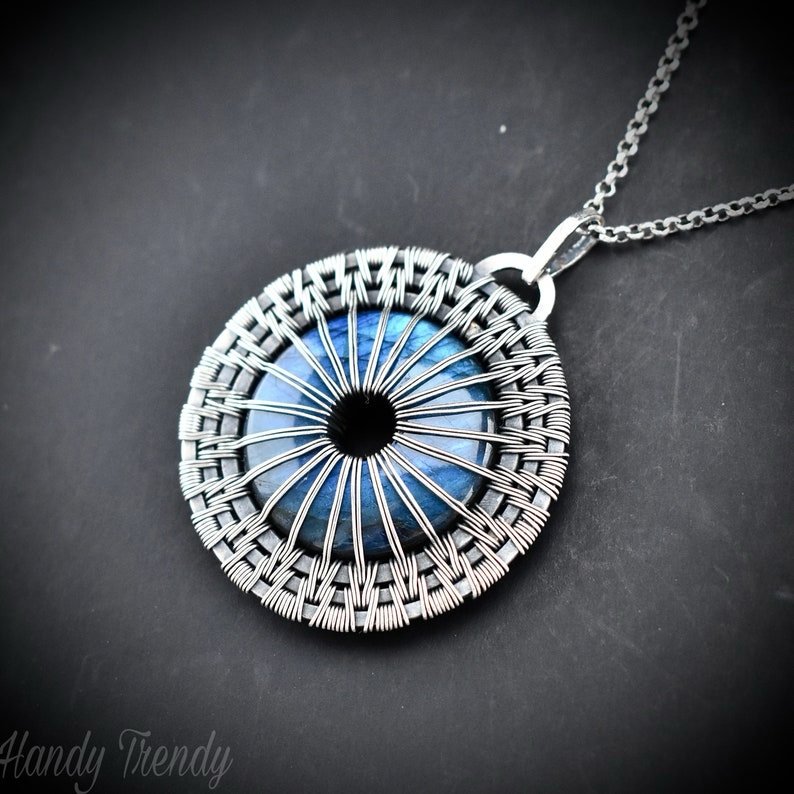 Eye ball pendant, Blue flash labradorite and 925 sterling silver wire wrap donut necklace, One of a kind handmade jewelry