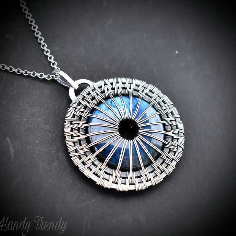Eye ball pendant, Blue flash labradorite and 925 sterling silver wire wrap donut necklace, One of a kind handmade jewelry