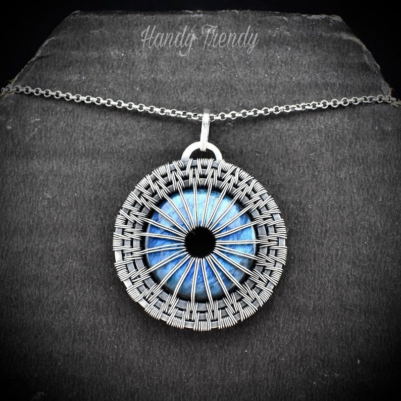 Eye ball pendant, Blue flash labradorite and 925 sterling silver wire wrap donut necklace, One of a kind handmade jewelry