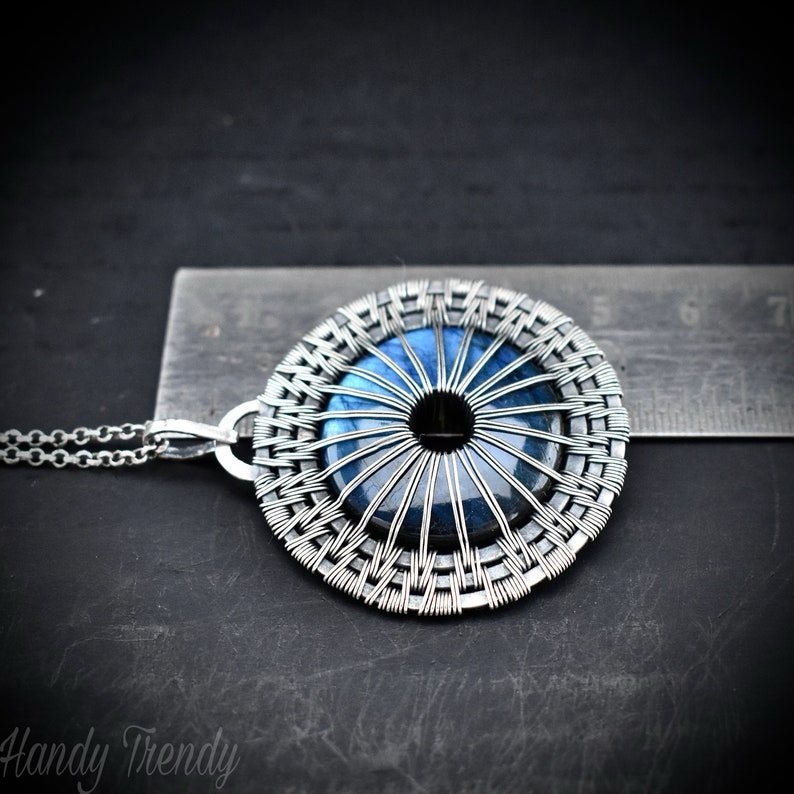 Eye ball pendant, Blue flash labradorite and 925 sterling silver wire wrap donut necklace, One of a kind handmade jewelry