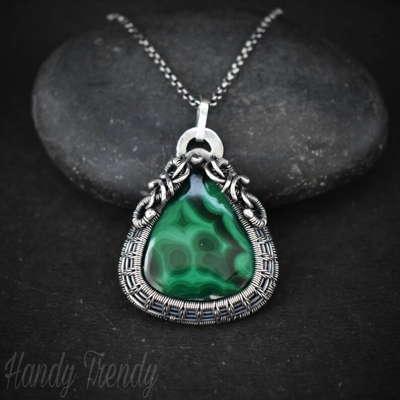 Malachite cage pendant, 925 sterling silver Wire wrapped necklace, Unique handmade one of a kind jewelry