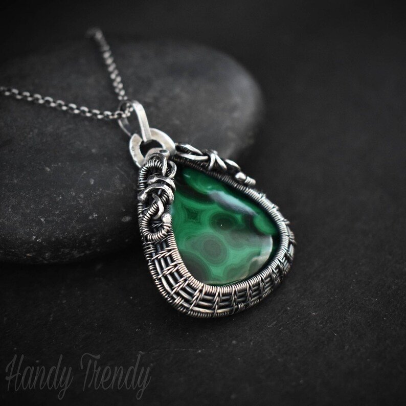Malachite cage pendant, 925 sterling silver Wire wrapped necklace, Unique handmade one of a kind jewelry
