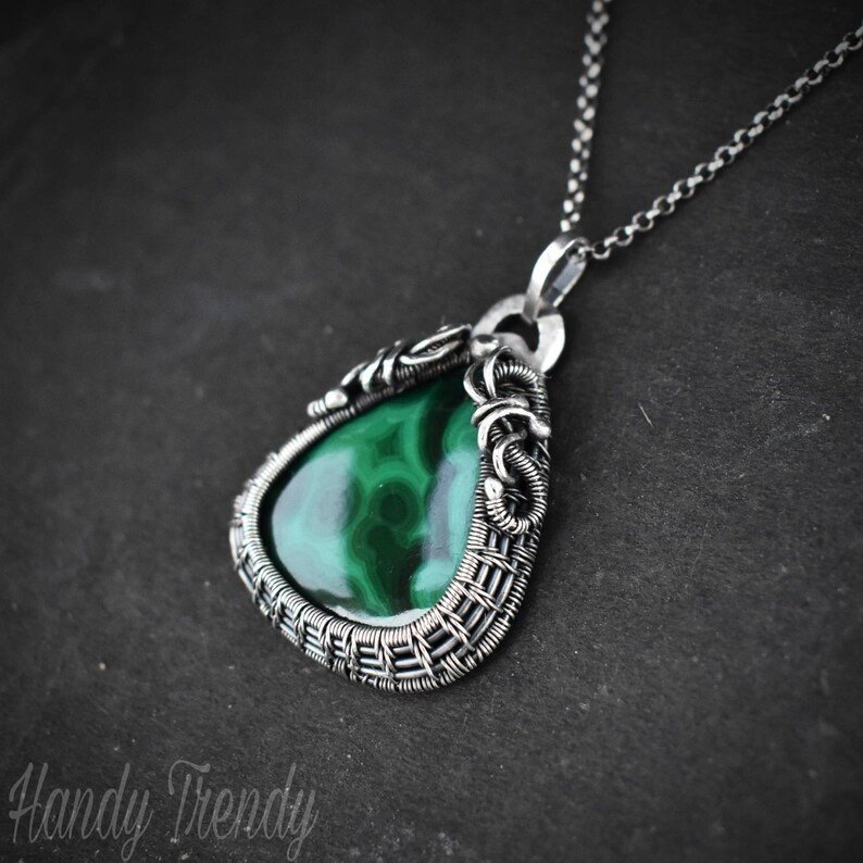 Malachite cage pendant, 925 sterling silver Wire wrapped necklace, Unique handmade one of a kind jewelry
