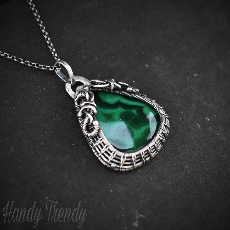 Malachite cage pendant, 925 sterling silver Wire wrapped necklace, Unique handmade one of a kind jewelry
