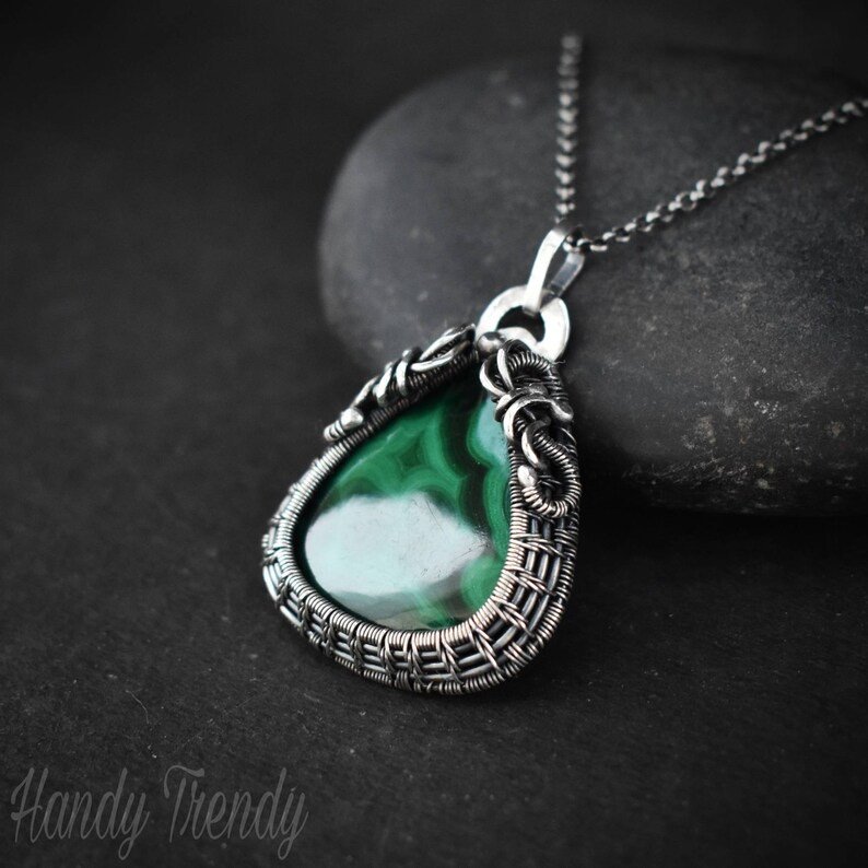 Malachite cage pendant, 925 sterling silver Wire wrapped necklace, Unique handmade one of a kind jewelry