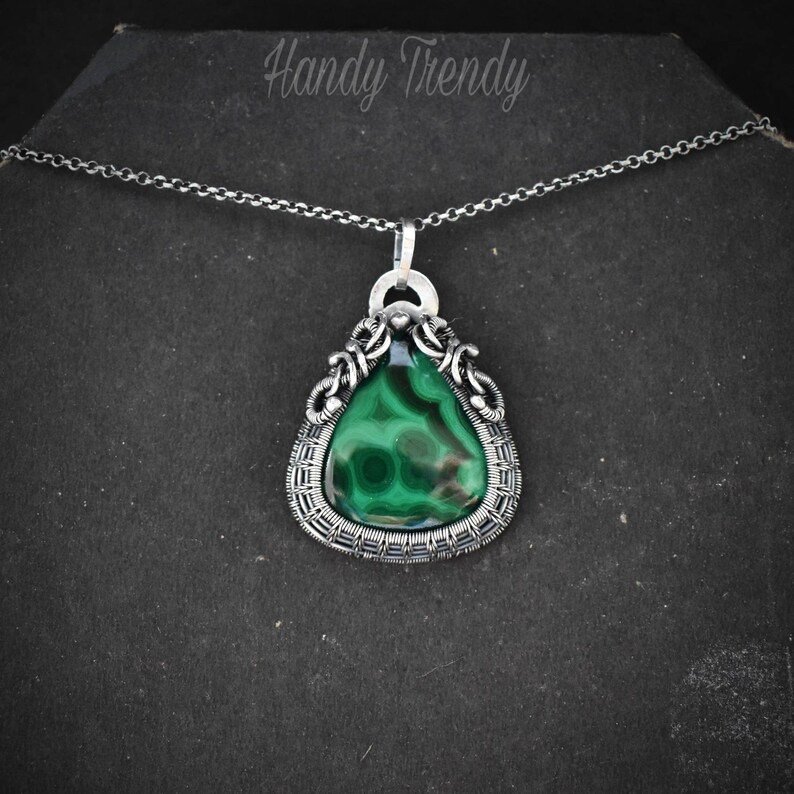 Malachite cage pendant, 925 sterling silver Wire wrapped necklace, Unique handmade one of a kind jewelry